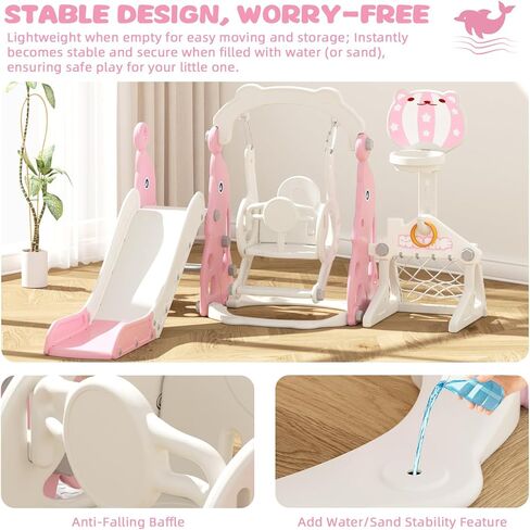 67i Toddler Slide Swing Set Indoor Playground for Kids 1-3, Multi-Activity Play Center Basketball Adjustable Height Safe Plastic (Pink) in Saudi Arabia