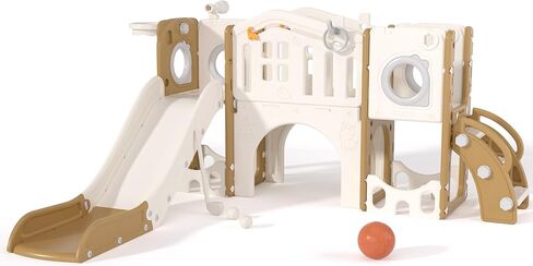 67i 10-in-1 Toddler Playground Set with Slide & Climber, Indoor Outdoor Play Gym for Toddlers 1-3, Quick Compact Setup Kids Playset with Basketball Golf Ring Toss Telescope Dino Area (White Coffee) in Saudi Arabia