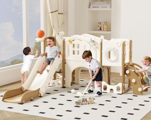 67i 10-in-1 Toddler Playground Set with Slide & Climber, Indoor Outdoor Play Gym for Toddlers 1-3, Quick Compact Setup Kids Playset with Basketball Golf Ring Toss Telescope Dino Area (White Coffee) in Saudi Arabia
