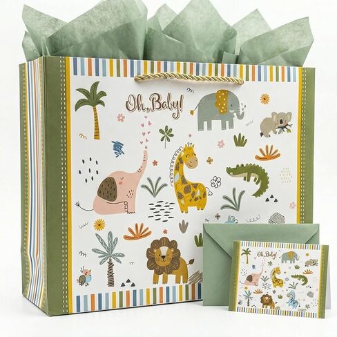 GFInYHM 13" Safari Animals Gift Bag for Baby Boy Shower, Jungle Theme Paper Present Bags with Tissue and Card, Neutral Wrapping in Saudi Arabia