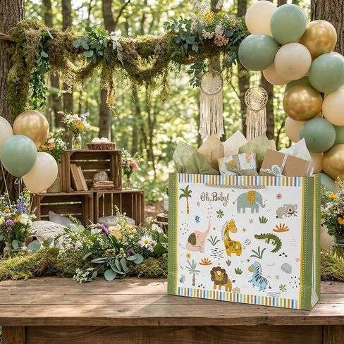 GFInYHM 13" Safari Animals Gift Bag for Baby Boy Shower, Jungle Theme Paper Present Bags with Tissue and Card, Neutral Wrapping in Saudi Arabia