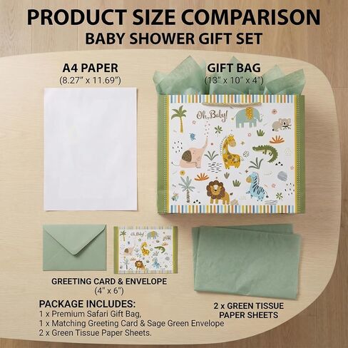 GFInYHM 13" Safari Animals Gift Bag for Baby Boy Shower, Jungle Theme Paper Present Bags with Tissue and Card, Neutral Wrapping in Saudi Arabia