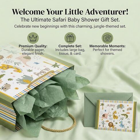 GFInYHM 13" Safari Animals Gift Bag for Baby Boy Shower, Jungle Theme Paper Present Bags with Tissue and Card, Neutral Wrapping in Saudi Arabia