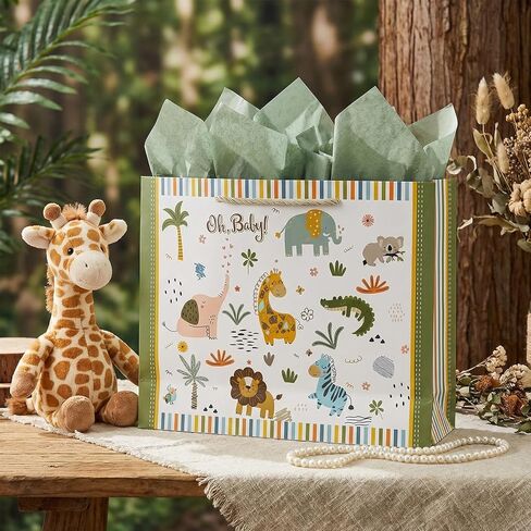 GFInYHM 13" Safari Animals Gift Bag for Baby Boy Shower, Jungle Theme Paper Present Bags with Tissue and Card, Neutral Wrapping in Saudi Arabia