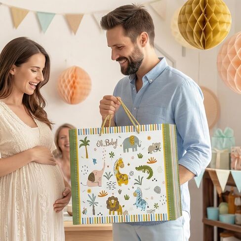 GFInYHM 13" Safari Animals Gift Bag for Baby Boy Shower, Jungle Theme Paper Present Bags with Tissue and Card, Neutral Wrapping in Saudi Arabia