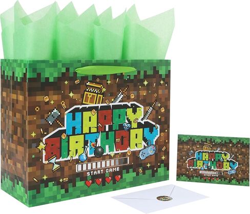wishinside 13'' Large Game Birthday Gift Bag Set with Handles, Greeting Card, Black Tissue Papers and Stickers for Boys Kids Teens, Game-Themed Design, 1 Pcs in Kuwait