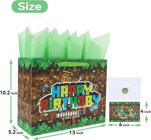 wishinside 13'' Large Game Birthday Gift Bag Set with Handles, Greeting Card, Black Tissue Papers and Stickers for Boys Kids Teens, Game-Themed Design, 1 Pcs in Kuwait