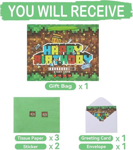 wishinside 13'' Large Game Birthday Gift Bag Set with Handles, Greeting Card, Black Tissue Papers and Stickers for Boys Kids Teens, Game-Themed Design, 1 Pcs in Kuwait