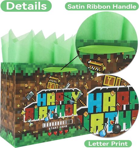 wishinside 13'' Large Game Birthday Gift Bag Set with Handles, Greeting Card, Black Tissue Papers and Stickers for Boys Kids Teens, Game-Themed Design, 1 Pcs in Kuwait