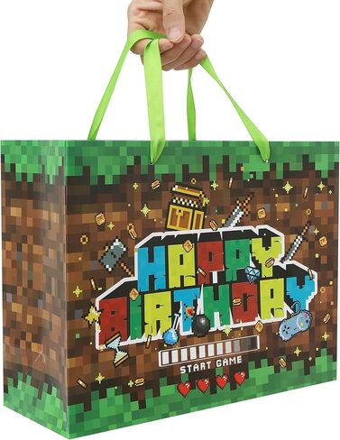 wishinside 13'' Large Game Birthday Gift Bag Set with Handles, Greeting Card, Black Tissue Papers and Stickers for Boys Kids Teens, Game-Themed Design, 1 Pcs in Kuwait