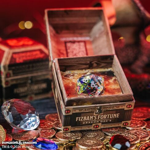 D&D Fizban's Treasure Misfit - Oversized d20 Blind Box by FanRoll | Ages 14+ | 25mm Mystery Dice in Treasure Chest, Metal, Gemstone, Liquid Core & Hollow RPG Dice for DND | Dragon-Themed Dice in Saudi Arabia