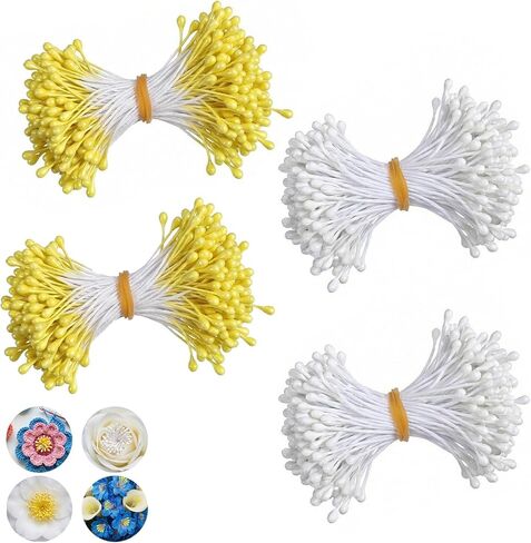 Matwsec 600 Pcs Flower Stamens, 2mm Matt Pearl Double Heads Stamen for Flower Making, Artificial Fake Flower Stamens for Crafts Wedding Bouquet Scrapbook Decoration (White and Yellow) in Kuwait
