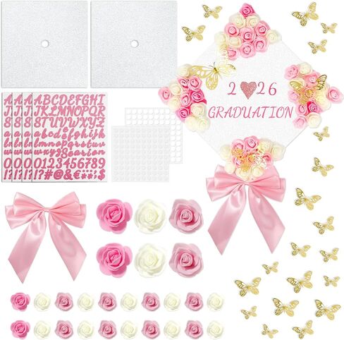 67 Pcs Pink and White DIY Graduation Cap Decorations Faux Assorted Flowers 3D Butterfly Stickers Pink Bow Glitter Alphabet Letter Number Decals for DIY Hat Grad Cap Topper Graduation Party Supplies in Kuwait