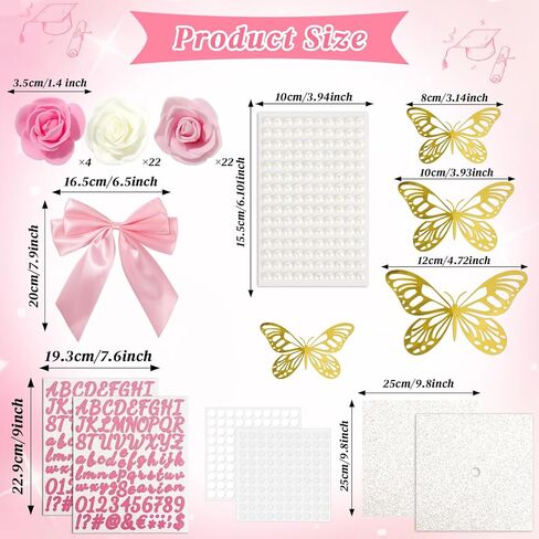 67 Pcs Pink and White DIY Graduation Cap Decorations Faux Assorted Flowers 3D Butterfly Stickers Pink Bow Glitter Alphabet Letter Number Decals for DIY Hat Grad Cap Topper Graduation Party Supplies in Kuwait