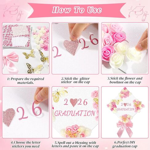 67 Pcs Pink and White DIY Graduation Cap Decorations Faux Assorted Flowers 3D Butterfly Stickers Pink Bow Glitter Alphabet Letter Number Decals for DIY Hat Grad Cap Topper Graduation Party Supplies in Kuwait
