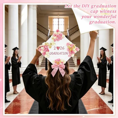67 Pcs Pink and White DIY Graduation Cap Decorations Faux Assorted Flowers 3D Butterfly Stickers Pink Bow Glitter Alphabet Letter Number Decals for DIY Hat Grad Cap Topper Graduation Party Supplies in Kuwait