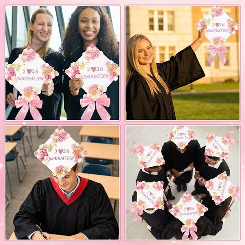 67 Pcs Pink and White DIY Graduation Cap Decorations Faux Assorted Flowers 3D Butterfly Stickers Pink Bow Glitter Alphabet Letter Number Decals for DIY Hat Grad Cap Topper Graduation Party Supplies in Kuwait