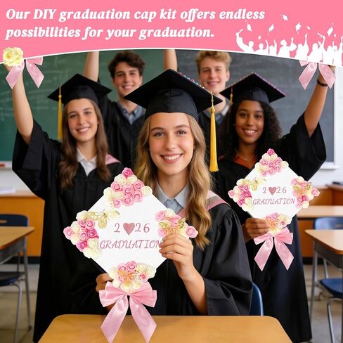 67 Pcs Pink and White DIY Graduation Cap Decorations Faux Assorted Flowers 3D Butterfly Stickers Pink Bow Glitter Alphabet Letter Number Decals for DIY Hat Grad Cap Topper Graduation Party Supplies in Kuwait