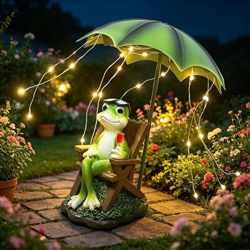Solar Frog Garden Decor Outdoor Statue - Frogs Umbrella LED Waterproof Sculptures Lights, Cute Frog Pond/Yard Statues Outside Decoration, Home, Lawn, Patio, Resin Animal Ornament, Women/Gardening Gift in Saudi Arabia