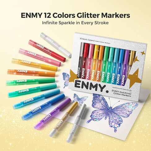 12 Colors Glitter Markers, Sparkle Acrylic Markers, Metallic Shimmer Paint Pens, Fine Tip Water-based Ink for Drawing, DIY Crafts Greeting Birthday Cards Making Poster Album Wood in Saudi Arabia