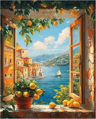 AUKELHJ Paint by Numbers Kit for Adults Beginners, Landscape Paint by Numbers for Adult, DIY Acrylic Canvas Window View Painting by Number for Gifts Home Wall Decor 16X20 inch (Without Frame) in Saudi Arabia