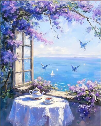 AUKELHJ Paint by Numbers Kit for Adults Beginners, Landscape Paint by Numbers for Adult, DIY Acrylic Canvas Window View Painting by Number for Gifts Home Wall Decor 16X20 inch (Without Frame) in Saudi Arabia