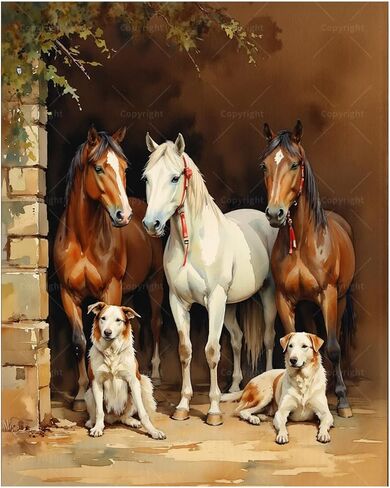 Animal Paint by Numbers Kit for Adults - DIY Horses and Dogs Resting by Stable Wall Painting on Canvas 16x20In, Acrylic Paint Set, Suitable for Beginners, Art for Home Decoration or Gifts in Kuwait