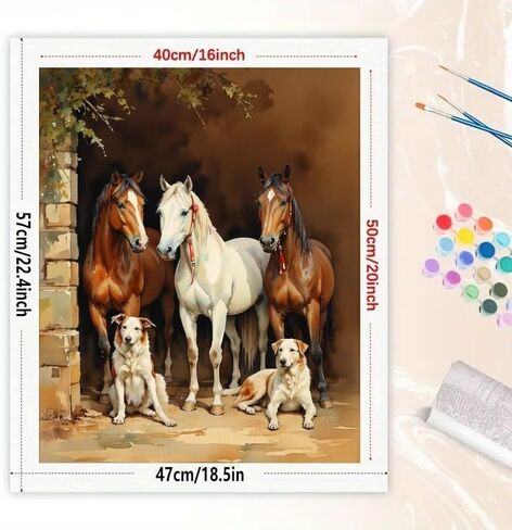 Animal Paint by Numbers Kit for Adults - DIY Horses and Dogs Resting by Stable Wall Painting on Canvas 16x20In, Acrylic Paint Set, Suitable for Beginners, Art for Home Decoration or Gifts in Kuwait