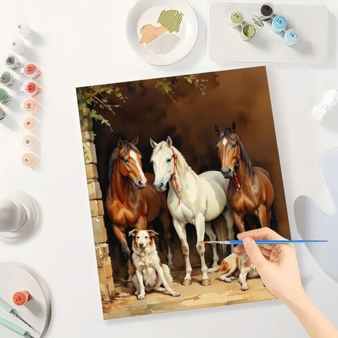 Animal Paint by Numbers Kit for Adults - DIY Horses and Dogs Resting by Stable Wall Painting on Canvas 16x20In, Acrylic Paint Set, Suitable for Beginners, Art for Home Decoration or Gifts in Kuwait