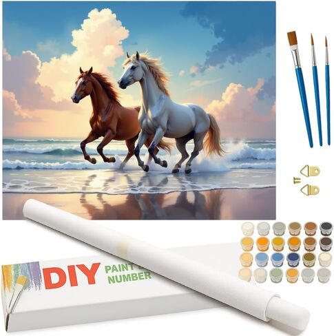 Animal Paint by Numbers Kit for Adults - DIY Horses and Dogs Resting by Stable Wall Painting on Canvas 16x20In, Acrylic Paint Set, Suitable for Beginners, Art for Home Decoration or Gifts in Kuwait