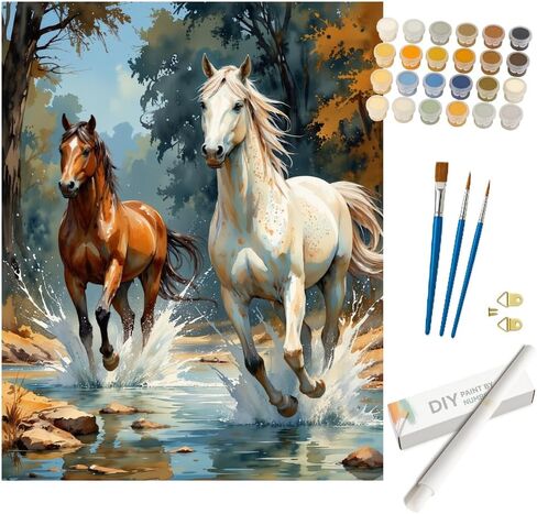 Animal Paint by Numbers Kit for Adults - DIY Horses and Dogs Resting by Stable Wall Painting on Canvas 16x20In, Acrylic Paint Set, Suitable for Beginners, Art for Home Decoration or Gifts in Kuwait