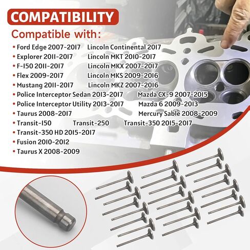 7T4Z-6507-B Exhaust and Intake Valve Kit Compatible with Ford Edge Explorer F150 Flex Mustang Taurus Transit 150 250 350 350HD Fusion Lincoln Continental MKT MKX MKS Mazda 6 CX9 Mercury Sable in Saudi Arabia