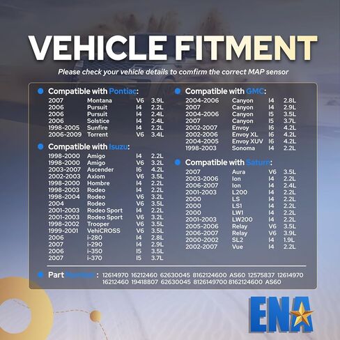 ENA Manifold Absolute Pressure Sensor Compatible with 1997-2019 Chevy Chevrolet GMC Honda Buick Cadillac Pontiac Isuzu Alero Amigo Astra Ascender Axiom Bravada Canyon Cavalier Replacement for AS60 in Kuwait