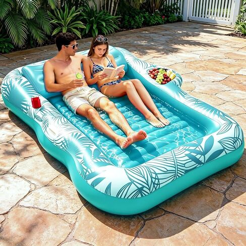 83"x63" Inflatable Tanning Pool Lounger Float, Extra Large Pool Floats Adult with Pillow 4 in 1 Suntan Tub Raft Floatie with Food Drink Holder, Tanning Bed Blow Up for Summer Beach Lake Pool Party in Kuwait