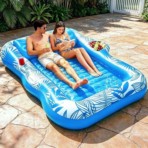 83"x63" Inflatable Tanning Pool Lounger Float, Extra Large Pool Floats Adult with Pillow 4 in 1 Suntan Tub Raft Floatie with Food Drink Holder, Tanning Bed Blow Up for Summer Beach Lake Pool Party in Kuwait
