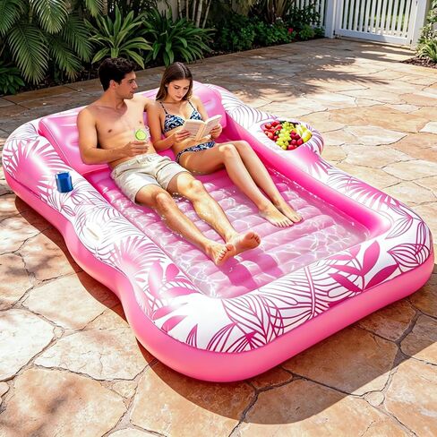 83"x63" Inflatable Tanning Pool Lounger Float, Extra Large Pool Floats Adult with Pillow 4 in 1 Suntan Tub Raft Floatie with Food Drink Holder, Tanning Bed Blow Up for Summer Beach Lake Pool Party in Kuwait