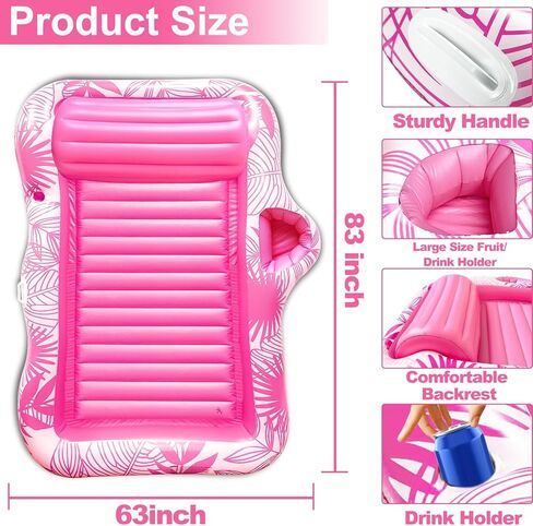 83"x63" Inflatable Tanning Pool Lounger Float, Extra Large Pool Floats Adult with Pillow 4 in 1 Suntan Tub Raft Floatie with Food Drink Holder, Tanning Bed Blow Up for Summer Beach Lake Pool Party in Kuwait