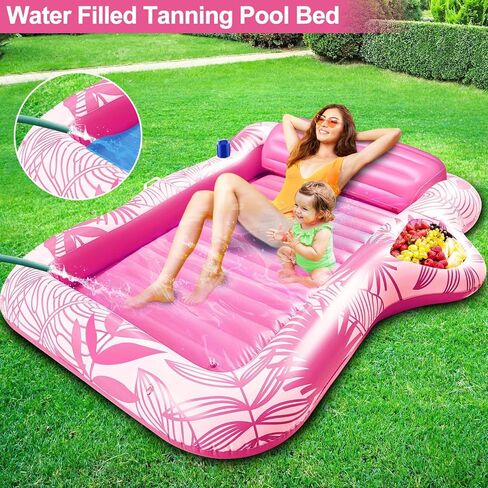 83"x63" Inflatable Tanning Pool Lounger Float, Extra Large Pool Floats Adult with Pillow 4 in 1 Suntan Tub Raft Floatie with Food Drink Holder, Tanning Bed Blow Up for Summer Beach Lake Pool Party in Kuwait