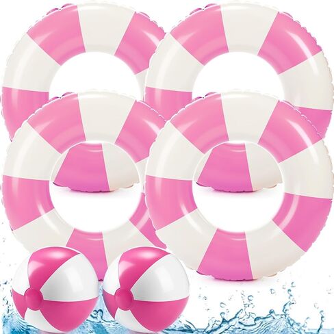 4 Pcs 35 Inch Jumbo Striped Inflatable Pool Floats with 2 pcs Beach Ball for Adults Swimming Pool Tubes for Summer Swimming Beach Party in Kuwait