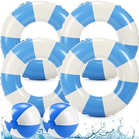 4 Pcs 35 Inch Jumbo Striped Inflatable Pool Floats with 2 pcs Beach Ball for Adults Swimming Pool Tubes for Summer Swimming Beach Party in Kuwait