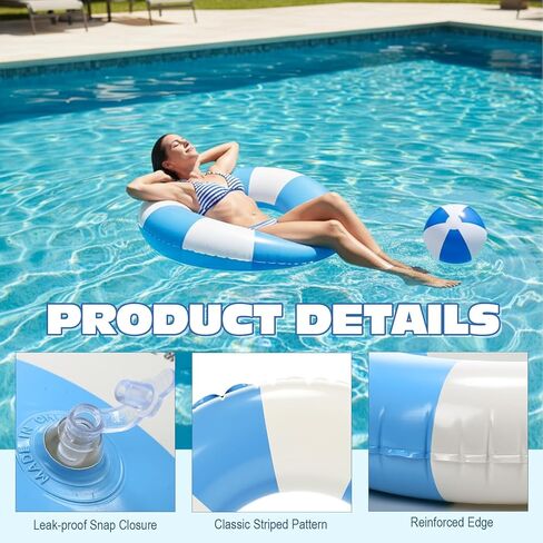 4 Pcs 35 Inch Jumbo Striped Inflatable Pool Floats with 2 pcs Beach Ball for Adults Swimming Pool Tubes for Summer Swimming Beach Party in Kuwait