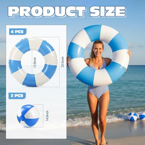 4 Pcs 35 Inch Jumbo Striped Inflatable Pool Floats with 2 pcs Beach Ball for Adults Swimming Pool Tubes for Summer Swimming Beach Party in Kuwait