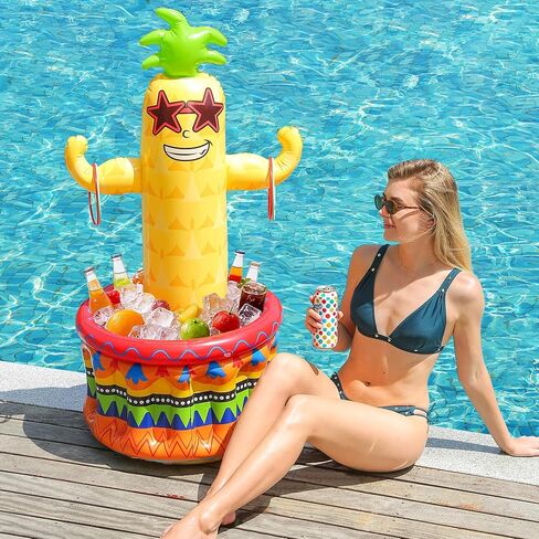 Inflatable Pineapple Pool Party Cooler, Blow Up Cooler Ice Bucket with Ring Toss Game, Luau Hawaiian Tropical Pool Party Decorations, Inflatable Pool Bar for Pool Beach Outdoor Birthday Party Supplies in Saudi Arabia