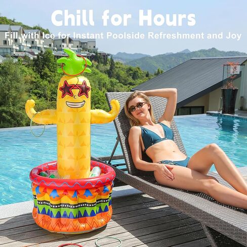 Inflatable Pineapple Pool Party Cooler, Blow Up Cooler Ice Bucket with Ring Toss Game, Luau Hawaiian Tropical Pool Party Decorations, Inflatable Pool Bar for Pool Beach Outdoor Birthday Party Supplies in Saudi Arabia