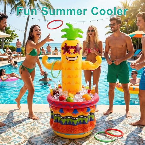 Inflatable Pineapple Pool Party Cooler, Blow Up Cooler Ice Bucket with Ring Toss Game, Luau Hawaiian Tropical Pool Party Decorations, Inflatable Pool Bar for Pool Beach Outdoor Birthday Party Supplies in Saudi Arabia