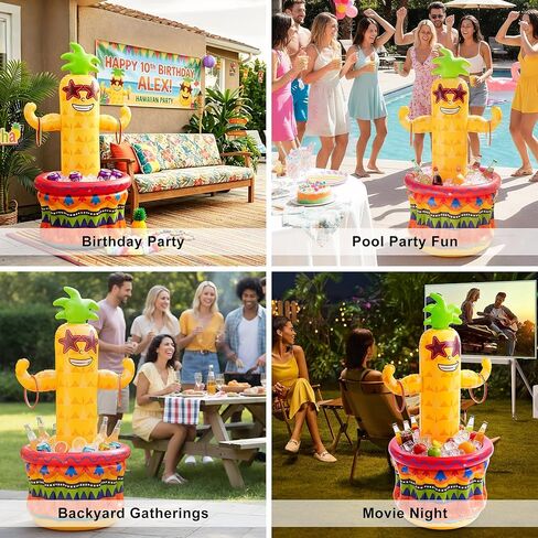 Inflatable Pineapple Pool Party Cooler, Blow Up Cooler Ice Bucket with Ring Toss Game, Luau Hawaiian Tropical Pool Party Decorations, Inflatable Pool Bar for Pool Beach Outdoor Birthday Party Supplies in Saudi Arabia