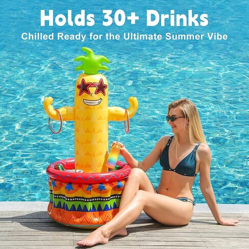 Inflatable Pineapple Pool Party Cooler, Blow Up Cooler Ice Bucket with Ring Toss Game, Luau Hawaiian Tropical Pool Party Decorations, Inflatable Pool Bar for Pool Beach Outdoor Birthday Party Supplies in Saudi Arabia