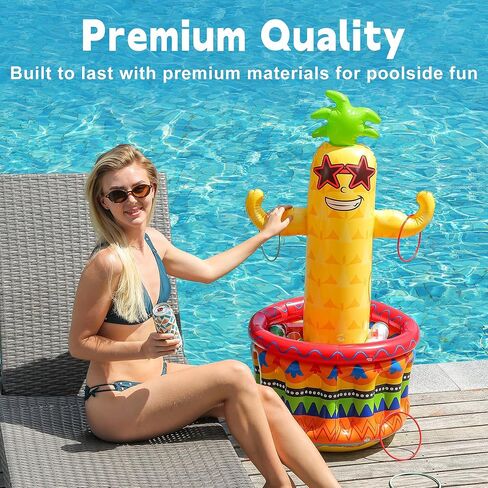 Inflatable Pineapple Pool Party Cooler, Blow Up Cooler Ice Bucket with Ring Toss Game, Luau Hawaiian Tropical Pool Party Decorations, Inflatable Pool Bar for Pool Beach Outdoor Birthday Party Supplies in Saudi Arabia