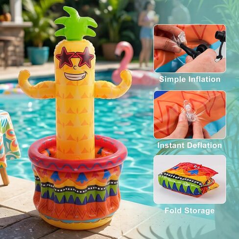 Inflatable Pineapple Pool Party Cooler, Blow Up Cooler Ice Bucket with Ring Toss Game, Luau Hawaiian Tropical Pool Party Decorations, Inflatable Pool Bar for Pool Beach Outdoor Birthday Party Supplies in Saudi Arabia