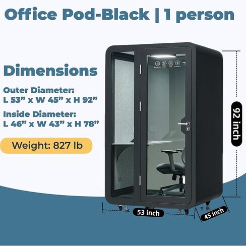 جراب Solo Office، جراب صوت، كشك مكتب متنقل، كشك عازل للصوت للمنزل، جراب الخصوصية، بكرة متنقلة مع مكتب، ضوء LED، مراوح طرد مركزي ومنافذ USB AC - أسود in Kuwait